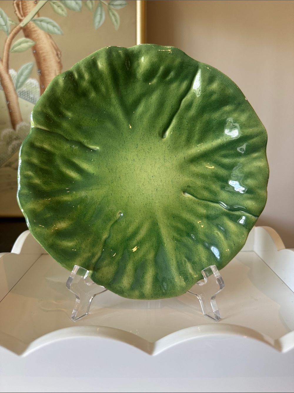 Unmarked Vintage Majolica Style Green Cabbage Salad Plate | 8.5 Inch